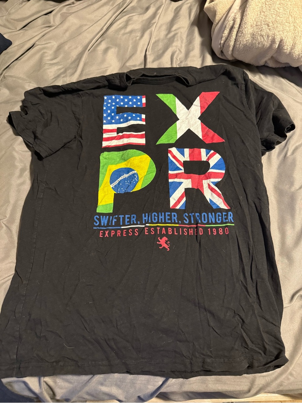 Express Black Graphic Tee with Multicolor Flag Print